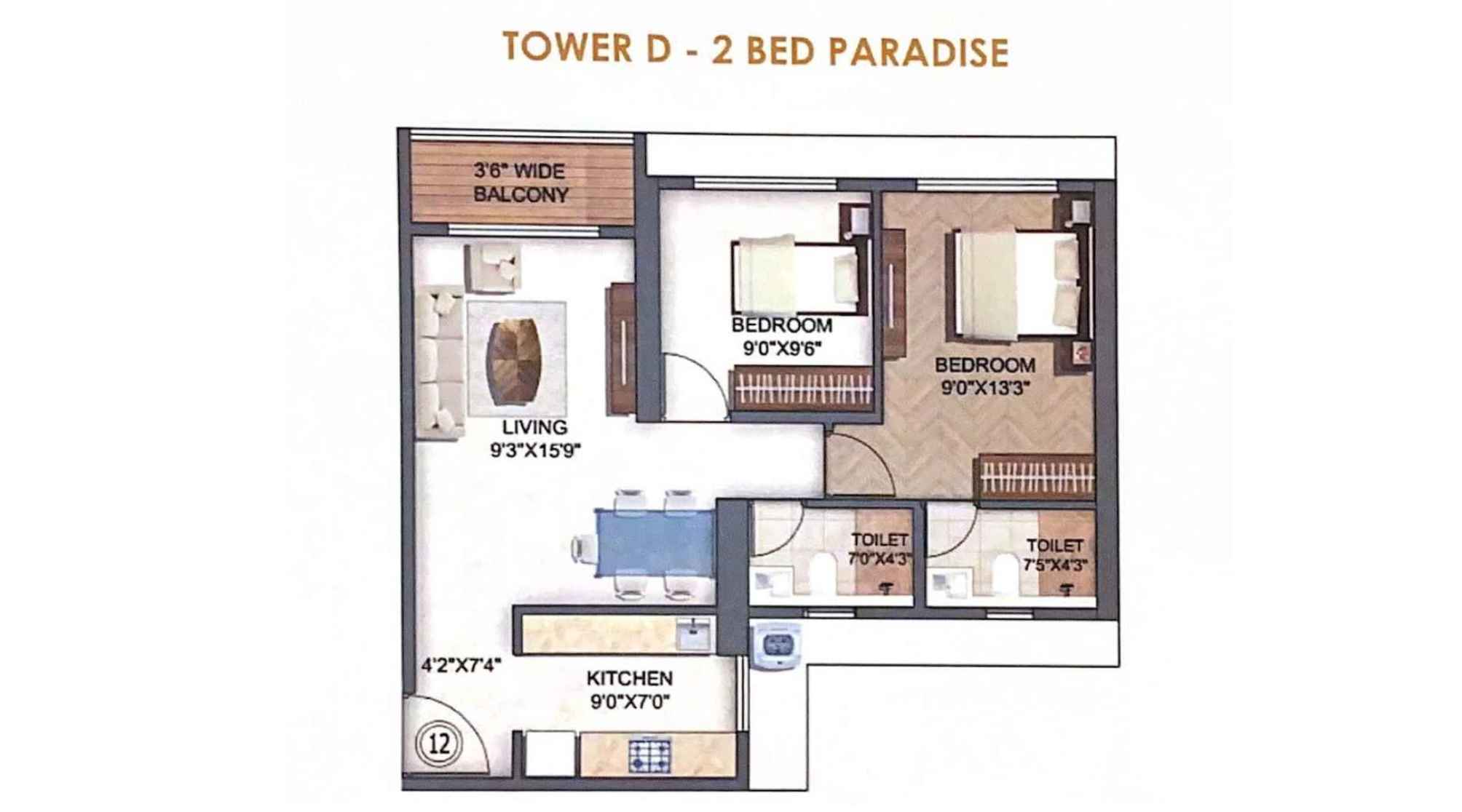 Runwal-Enchanted-Tower-D-Floor-Plan-2-BHK-Paradise-627-sqft